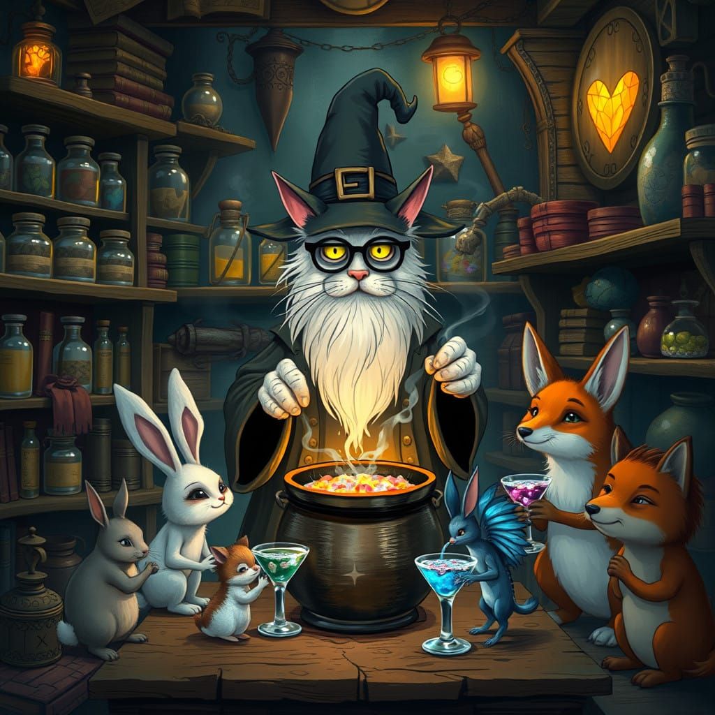 Elderly Cat Concocts Whimsical Potions in Mysterious Apothec...