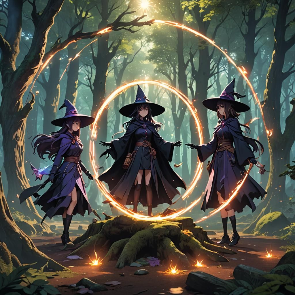 Anime Witches Casting Circle in Mystical Forest