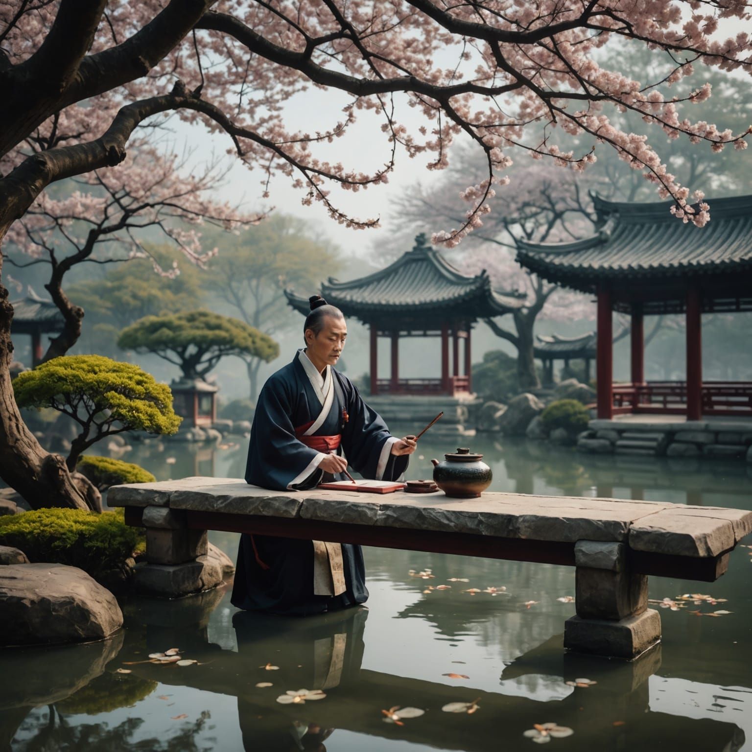 Ancient Chinese Scholar in Tranquil Garden