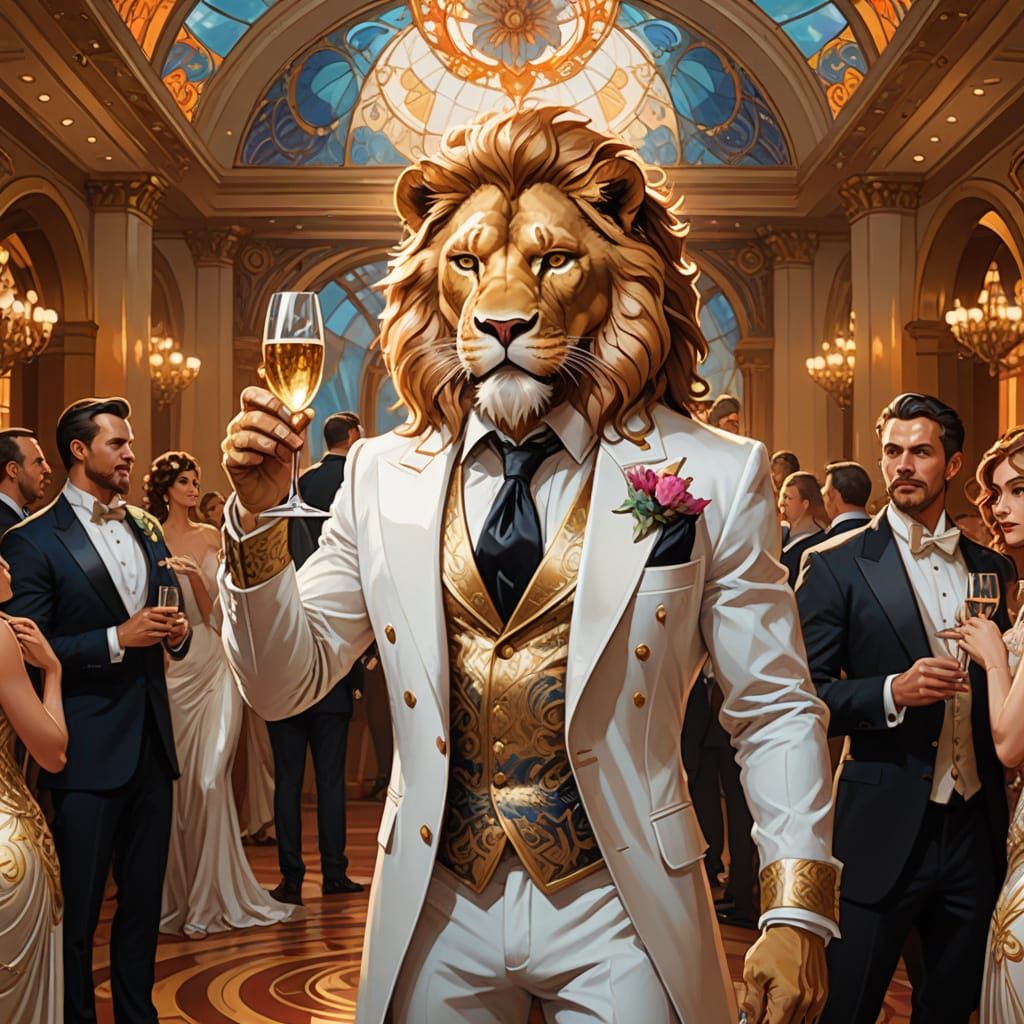 Lion Toasting in Ballroom, Art Nouveau Splash Art