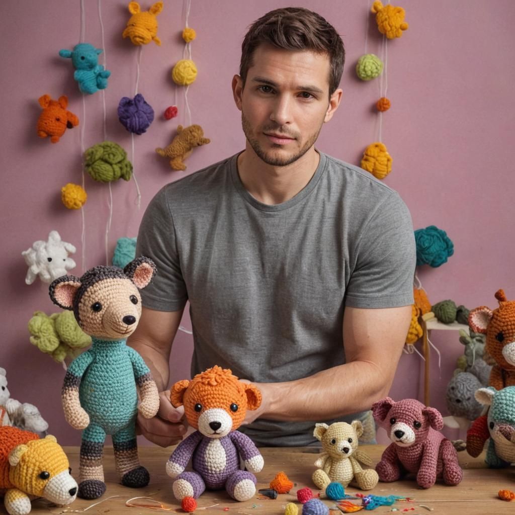 Man Crocheting Amigurumi Family: Hyperrealistic Concept Art