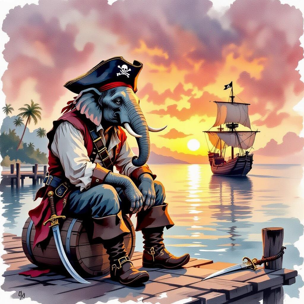 Elephant Pirate Contemplates the Sea, as Digital Watercolor