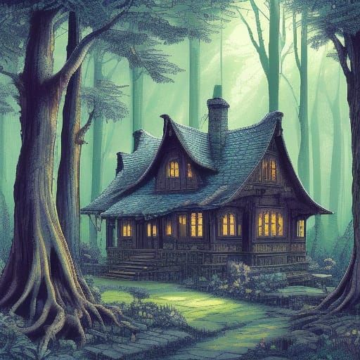 Enchanted Forest Sanctuary With Ancient Magical House