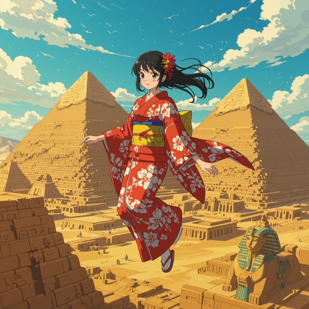 Anime Girl Flies Over Pyramids, Shinkai Style