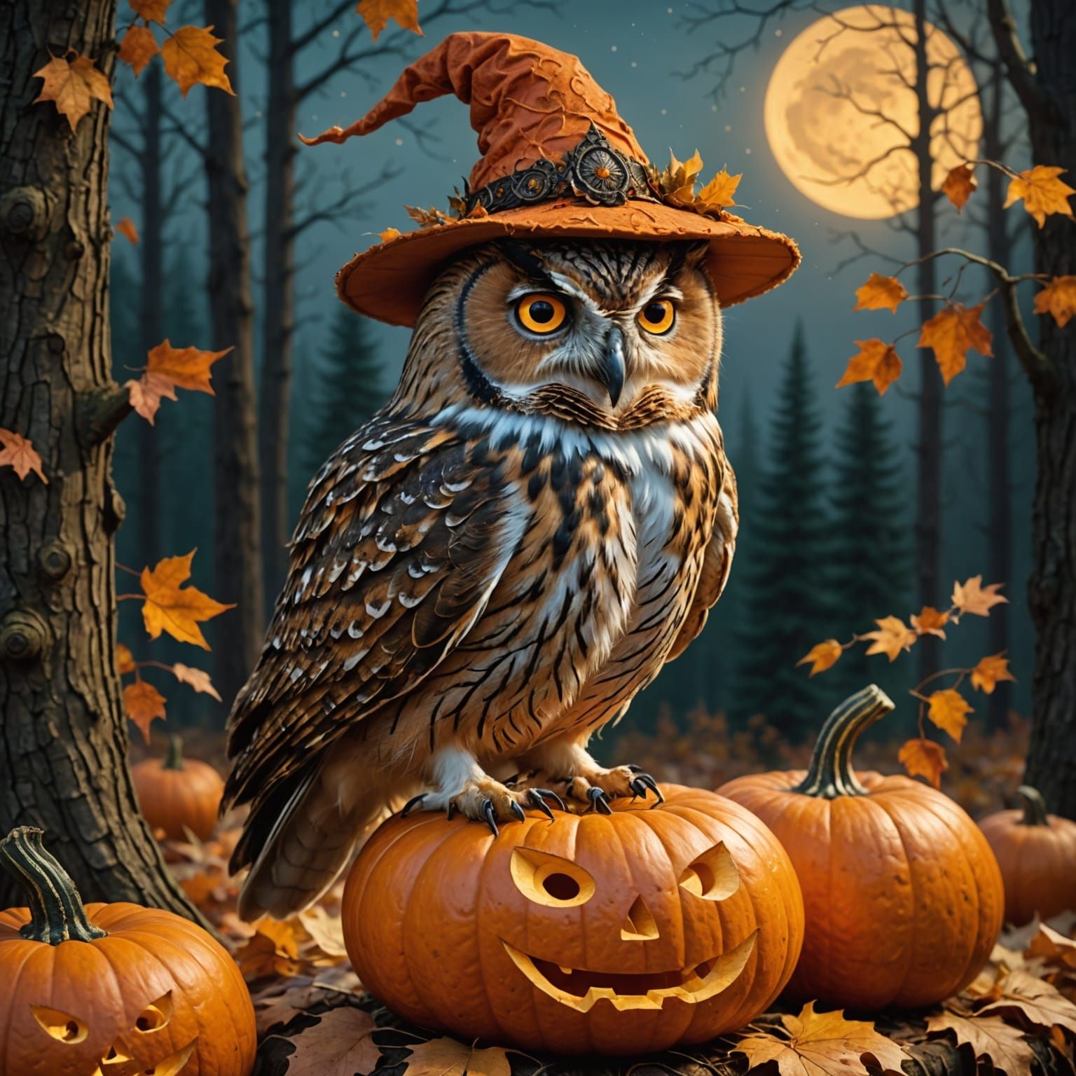 Wise Owl in Pumpkin Hat on Jack-o'-Lantern