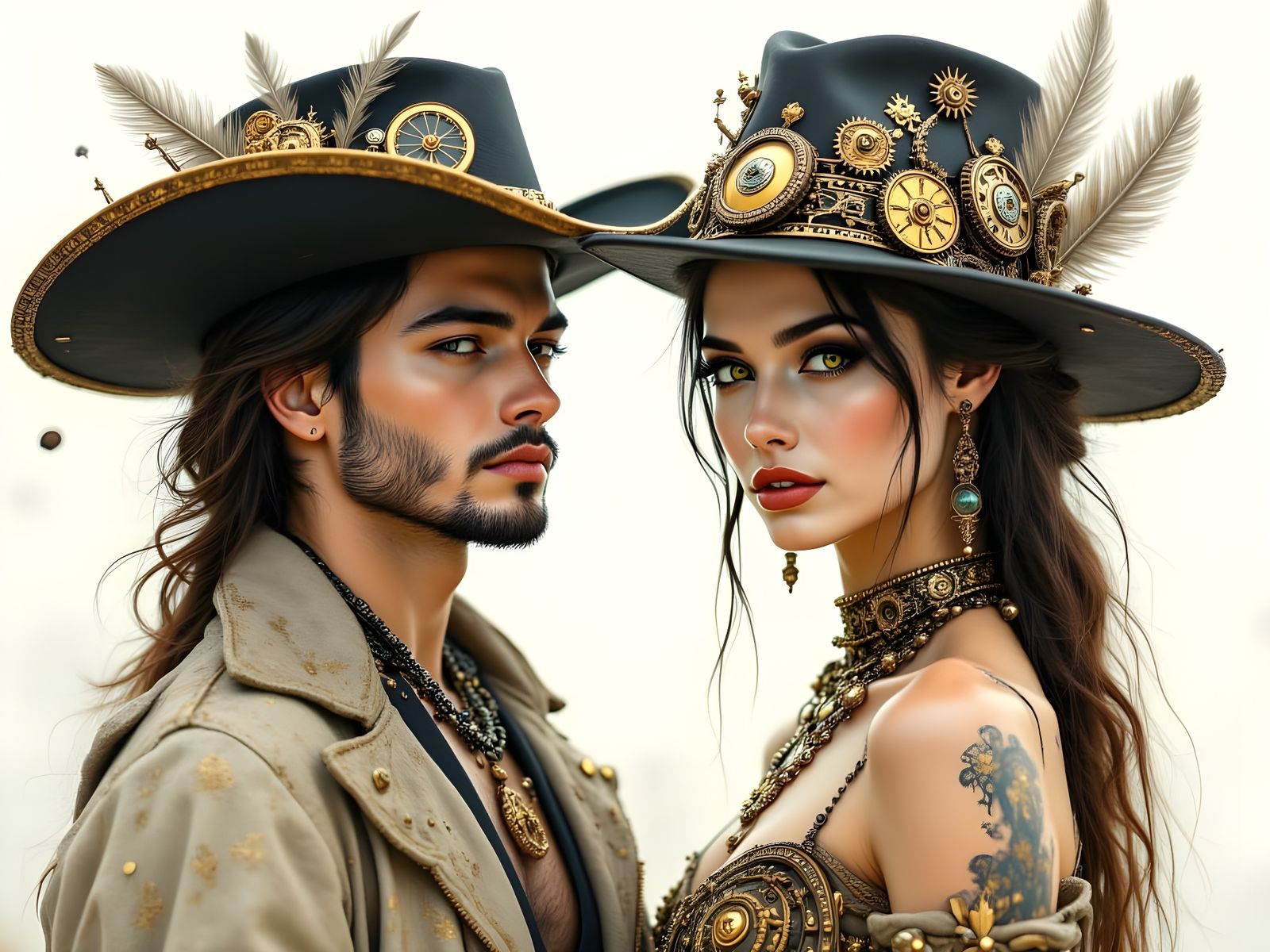 Steampunk Cowboy Couple Portrait in Art Nouveau Style