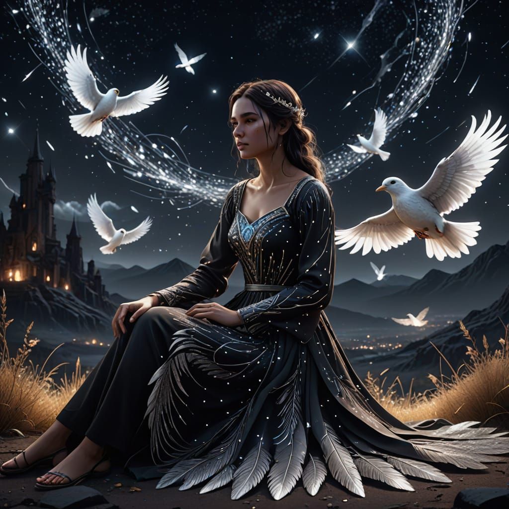 Black background. A woman sits on the ground in a starry nig...