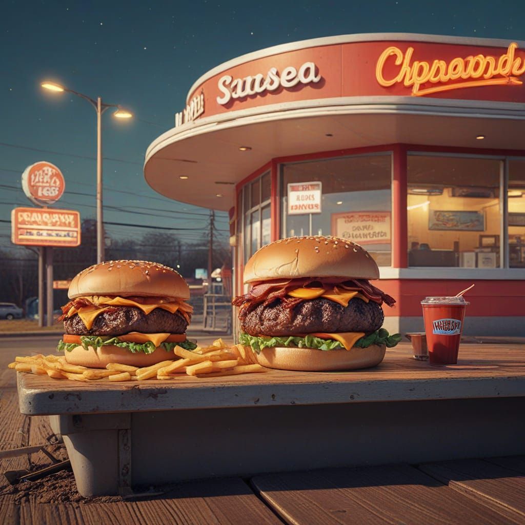 Retro-Futuristic Burger Masterpiece in Warm Golden Lighting