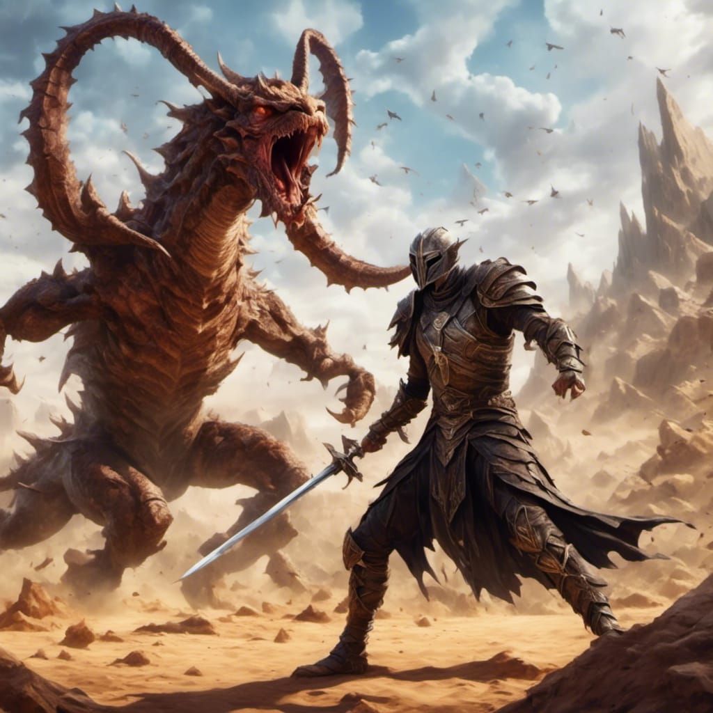 Warrior Cleric Battles Scorpion in Desert Landscape