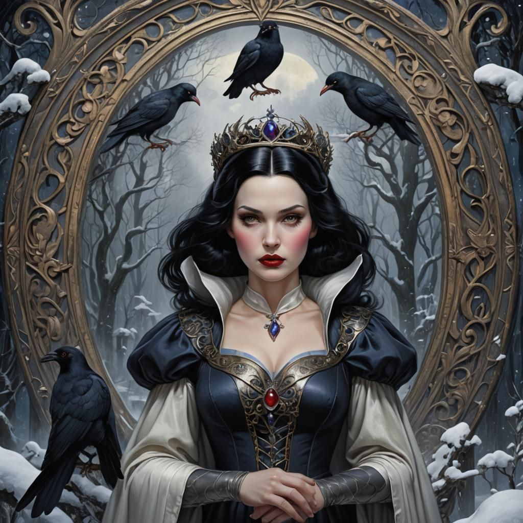 Surreal photorealistic montage featuring a dark, mysterious, and feral, big busomed Disney Snow White woman. The subject...