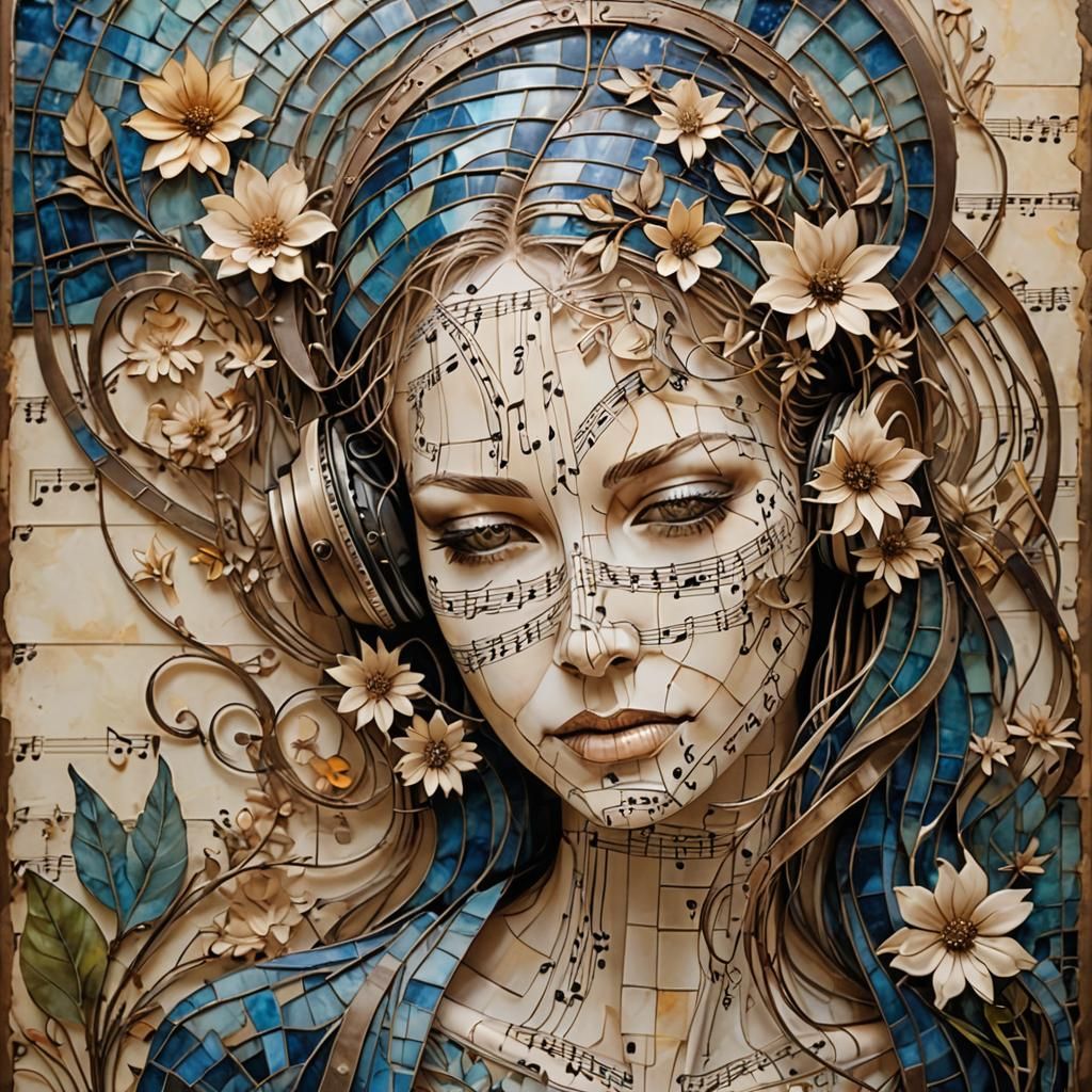 Woman in Abstract Textile Art with Music Notes