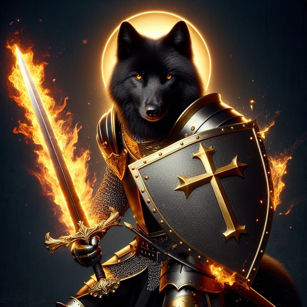 Regal Black Wolf in Golden Armor Unleashes Radiant Fury
