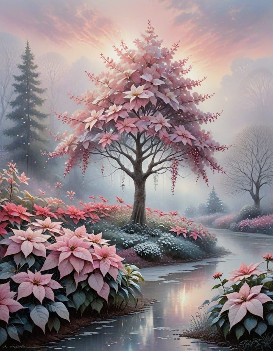 Ethereal Winter Garden with Blooming Tree in Watercolour