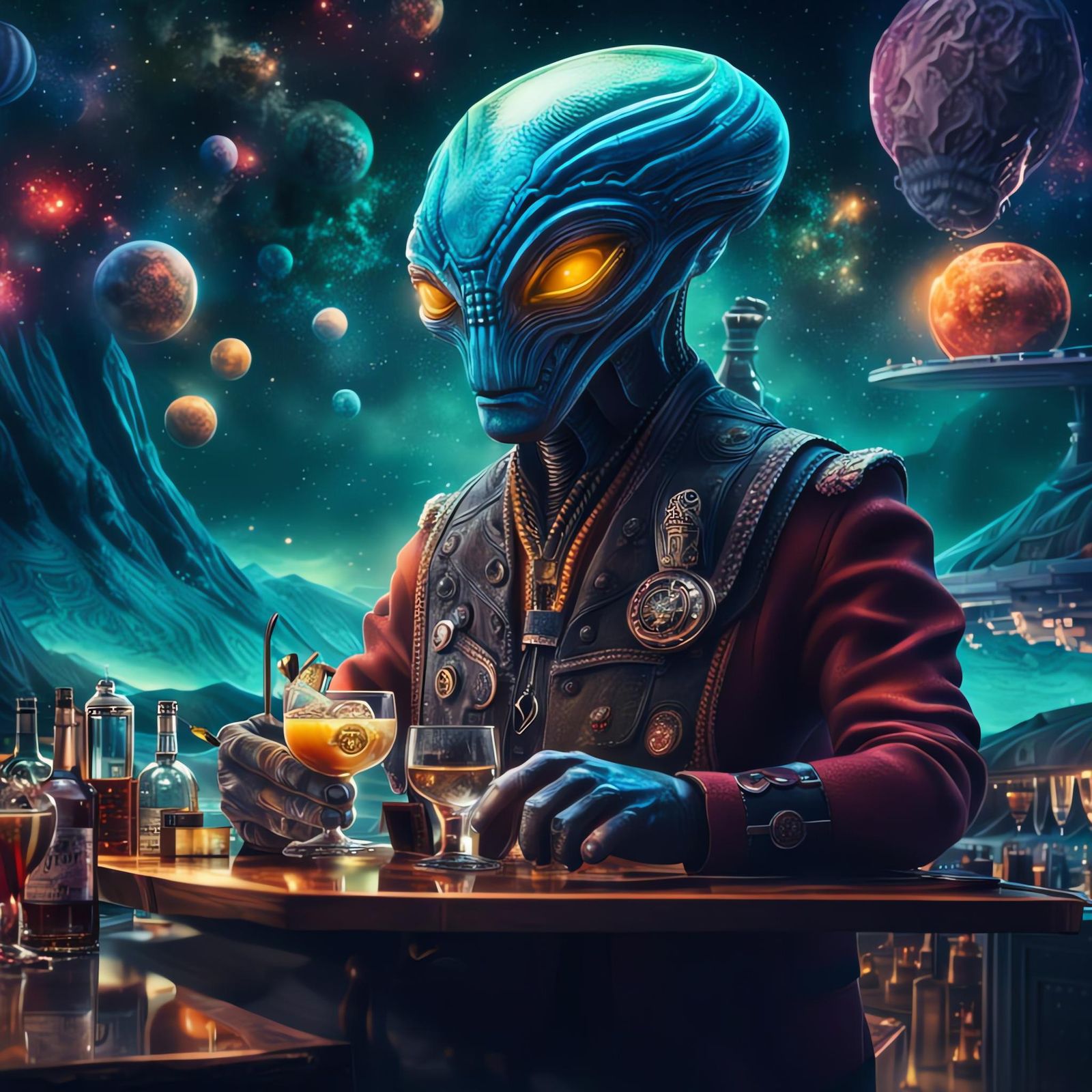Galactic Bartender Serves Drinks to Alien Patrons