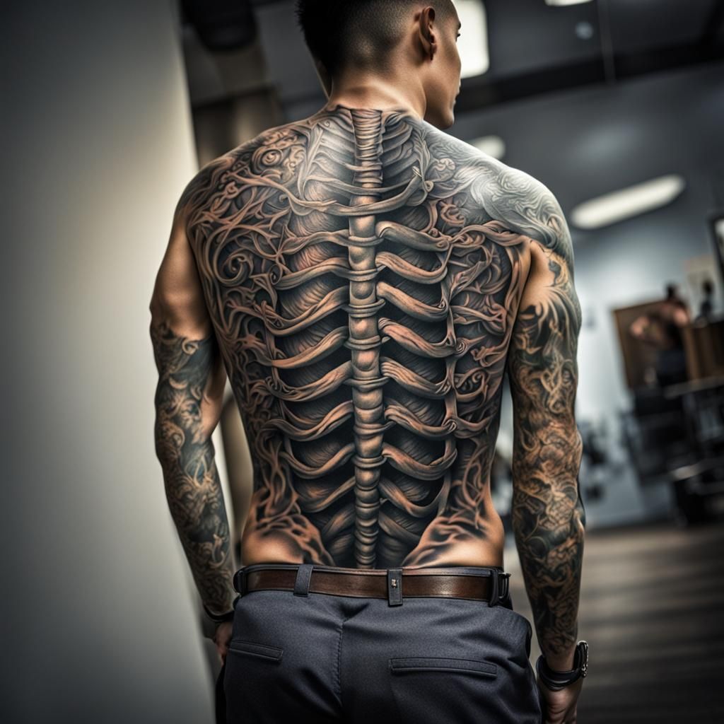 Intricate Spinal Back Tattoo in Hyperrealistic Style