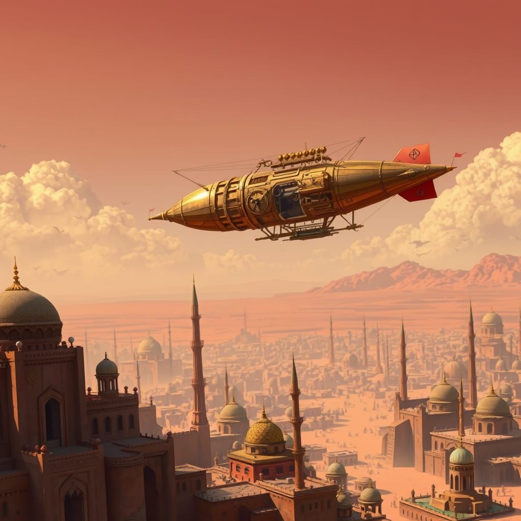 Steampunk Airship Over Desert City in Fantasy Style