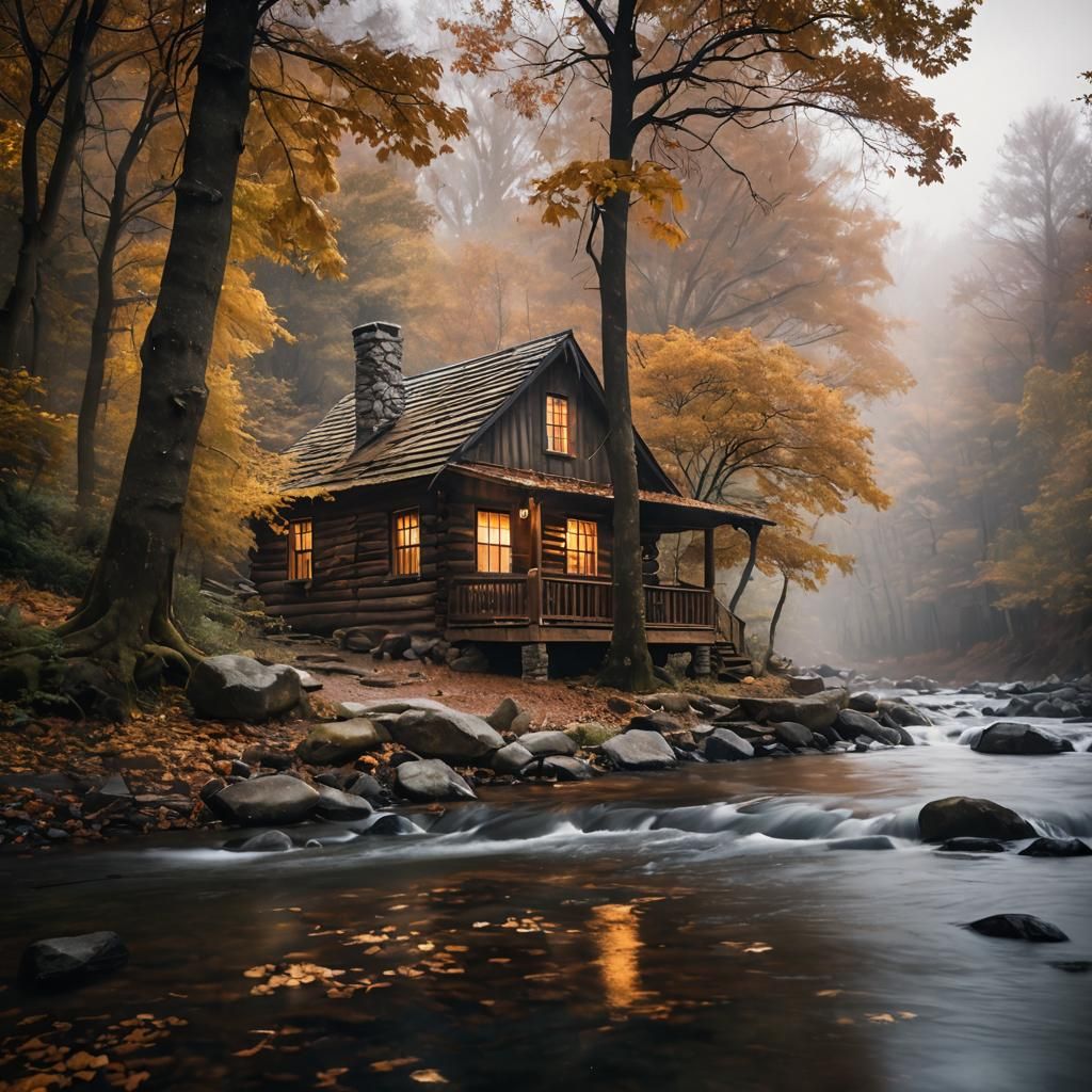 Dreamy Cabin in Autumn Woods by River