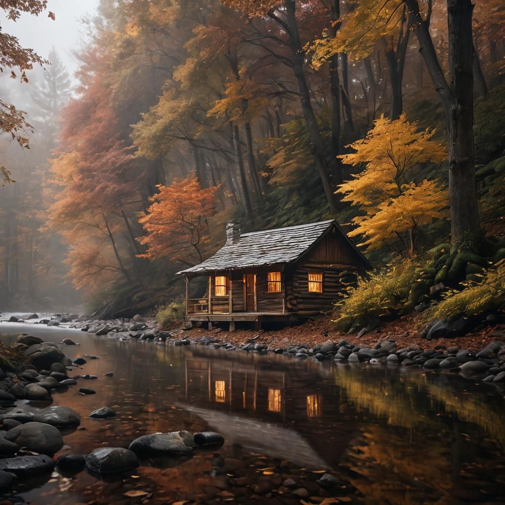 Dreamy Wood Cabin in Autumn Fog