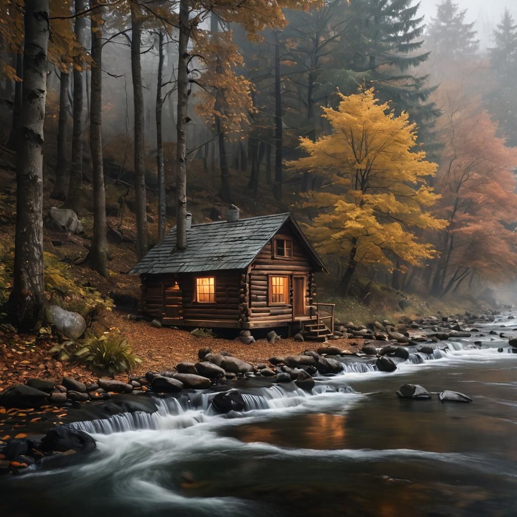 Dreamy Hyperreal Wood Cabin in Autumn Fog