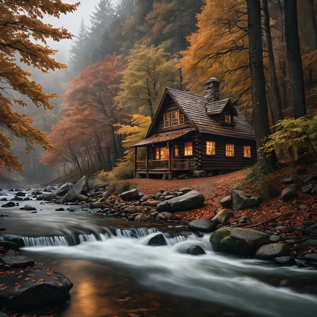 Dreamy Cabin in Foggy Autumn Woods
