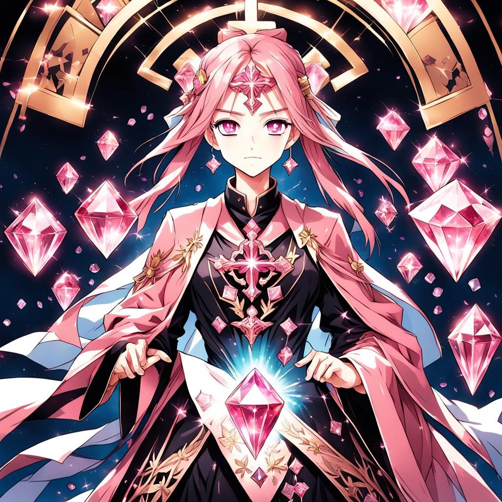 Pink Crystal Merchant with Healing Powers in Anime Style
