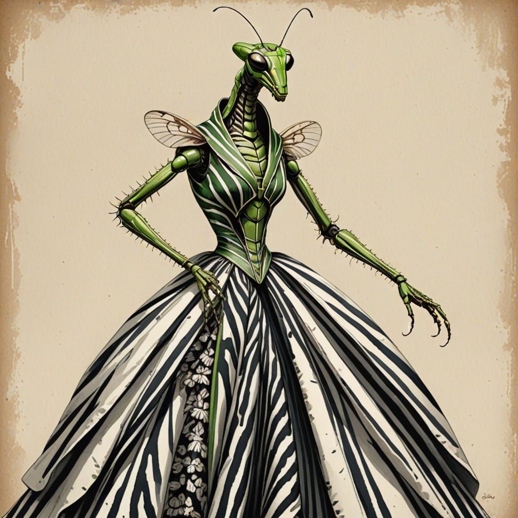 Elegant Victorian Mantis in Zebra Striped Ballgown