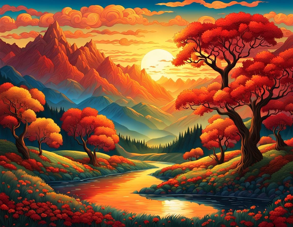 Enchanting Paradise Landscape with Copper Sun and Vibrant Tr...