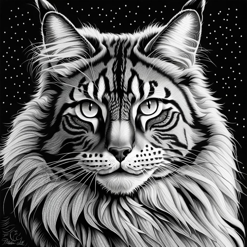 Majestic Maine Coon Cat in Stipple Art Portrait