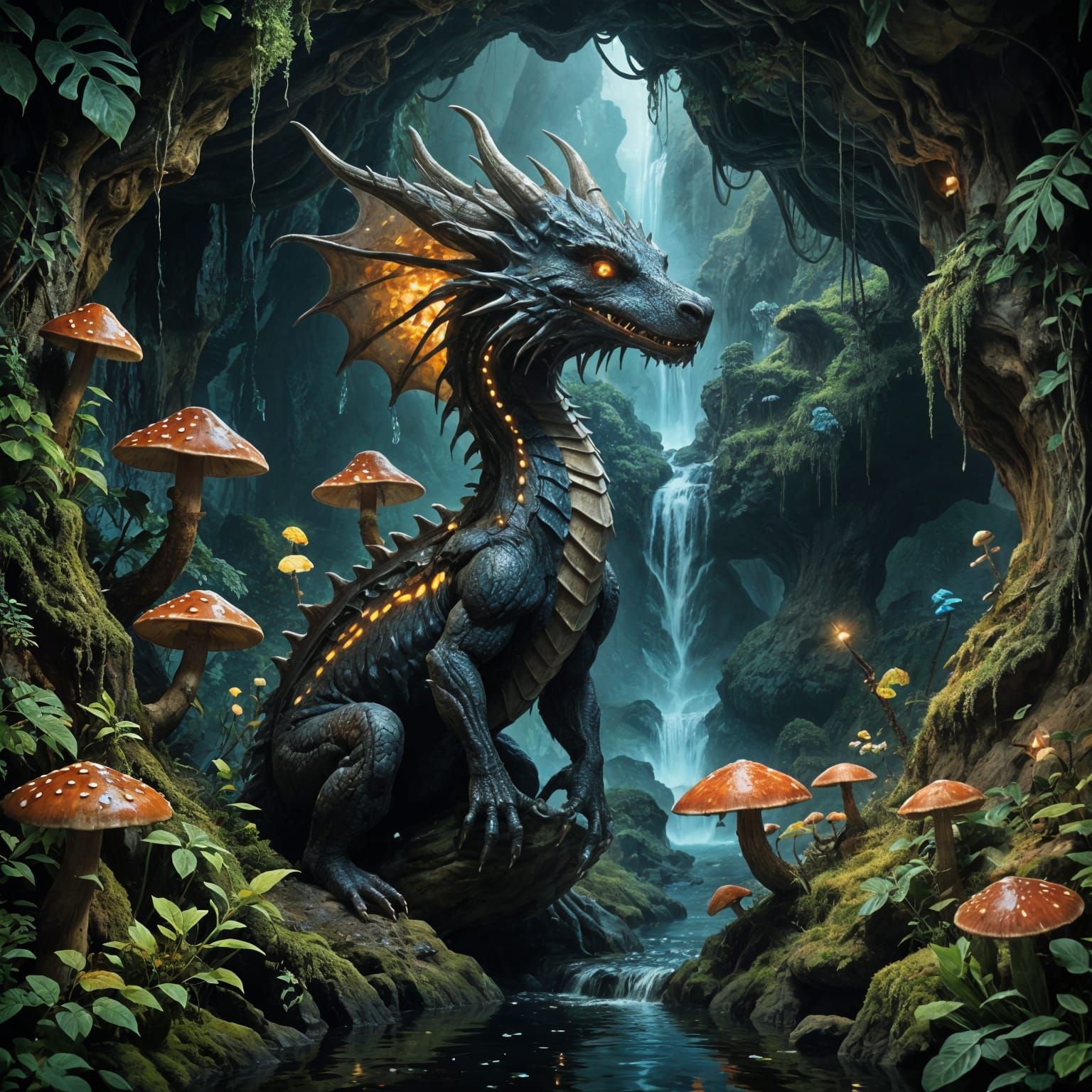 Dragon-Mushroom Hybrid in Surreal Waterfall Cave
