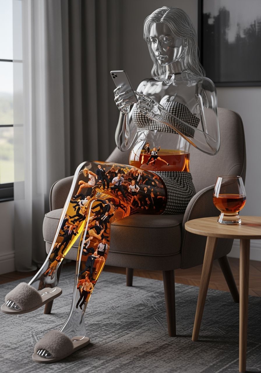 Glass Woman Filled With Cognac, Texting in Modern Apartment