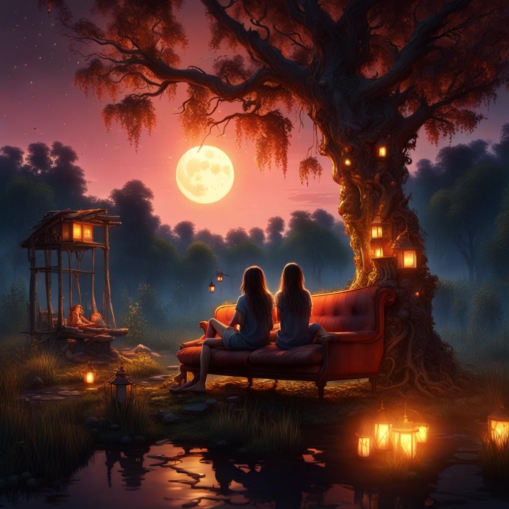 Girls Laughing by Campfire in Twilight Swamp