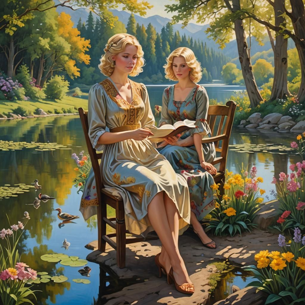 Queen Reading by Lake: 1980s Oil Painting
