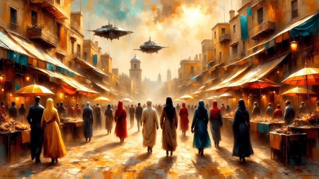 Futuristic Desert City Marketplace at Sunset