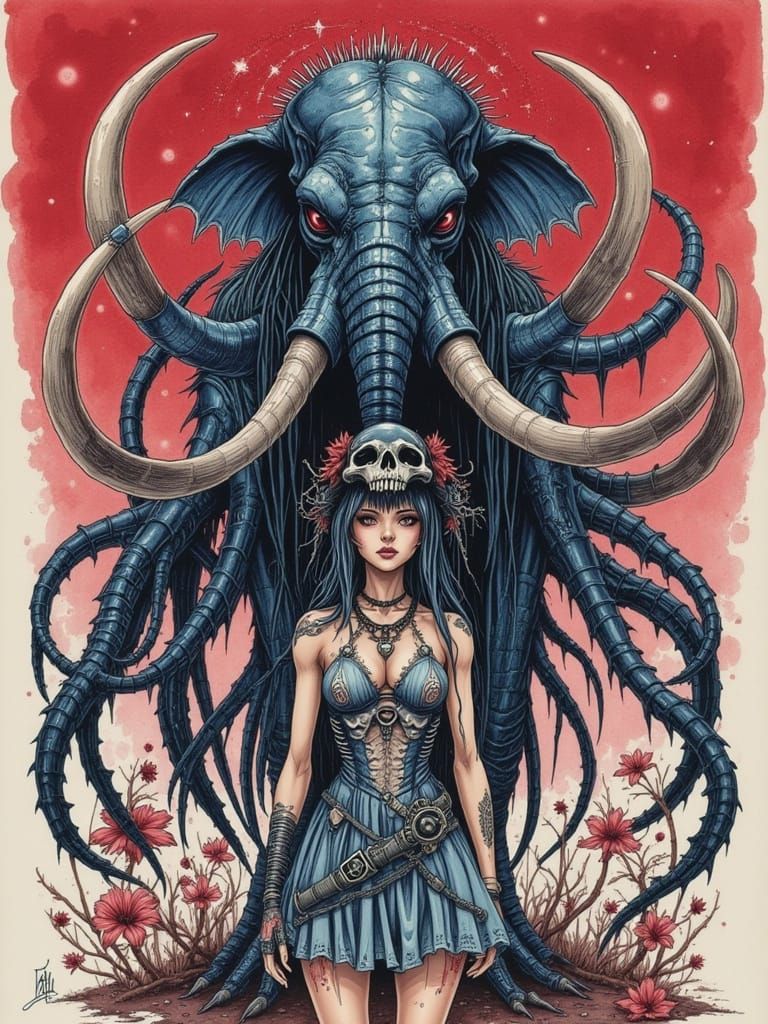 Mammoth-Hydra Hybrid Watercolor Painting