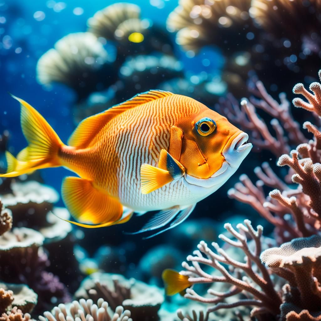 Underwater Fish Swimming Near Coral Reef: Macro Shot
