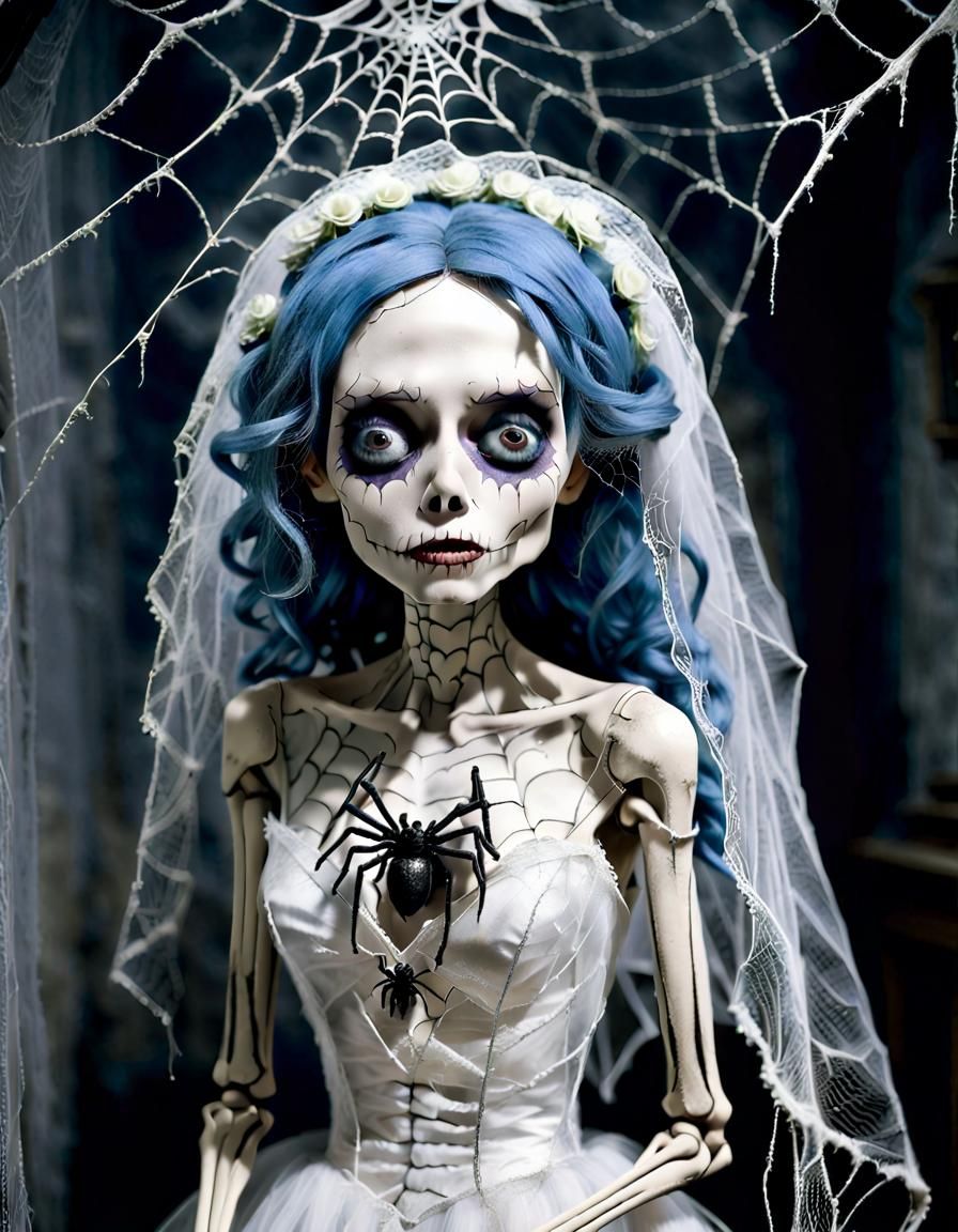 Tim Burton's Ethereal Skeleton Bride with Spiderwebs