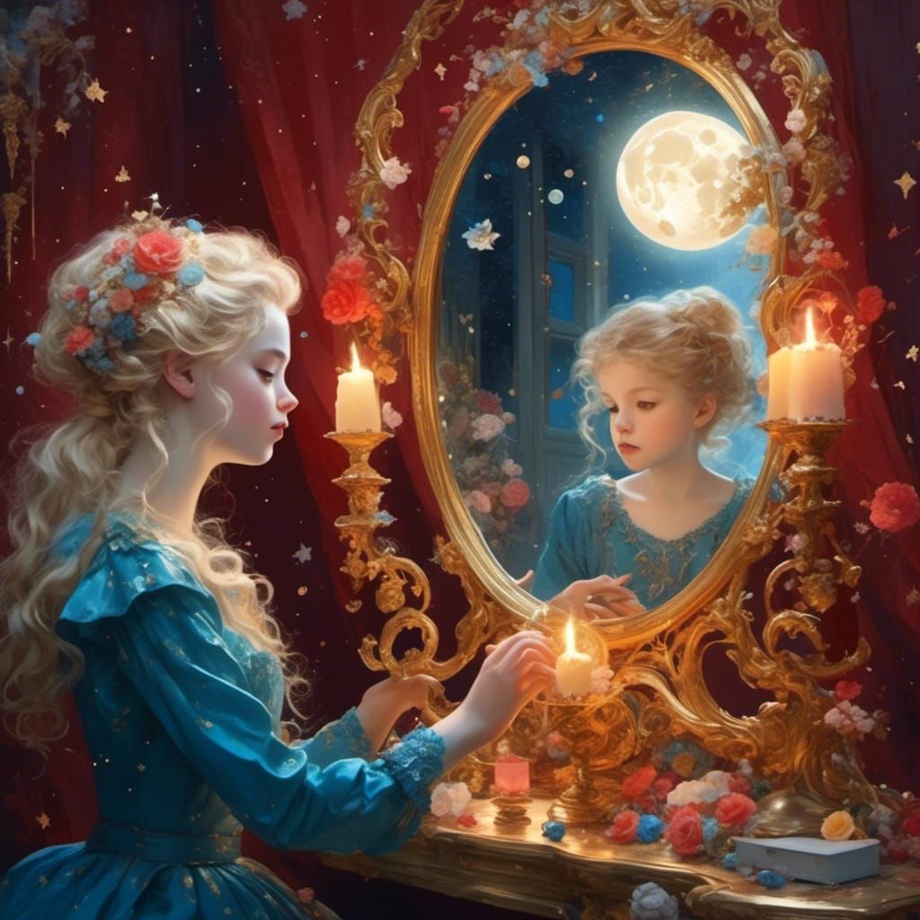 Ethereal Elf Women Mirror Reflection in Fantasy Style