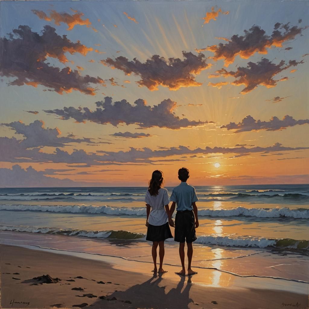 Sunset Beach Scene in Oil Painting Style