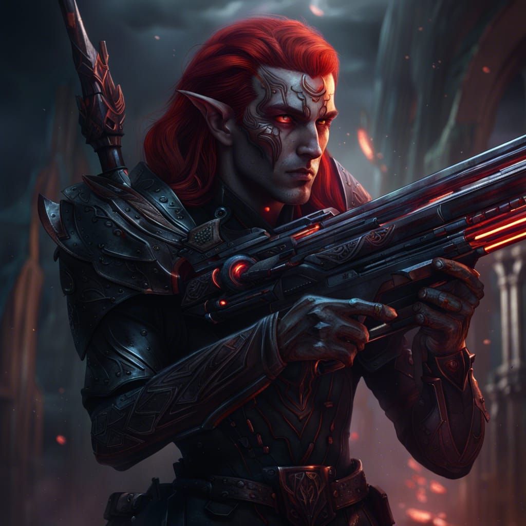 Dark Elf with Laser Rifle in Detailed Matte Painting