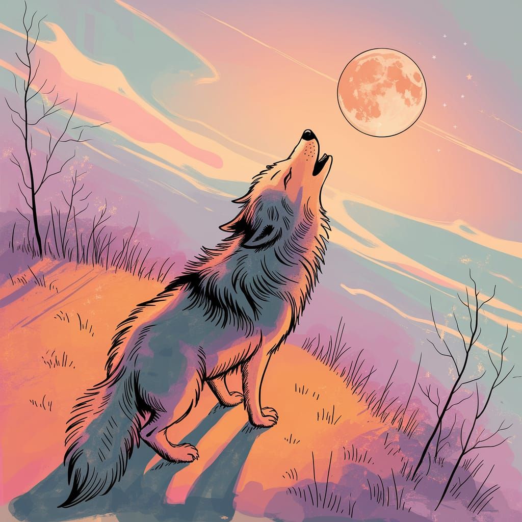 Dreamy Wolf in Vibrant Sunset Hues