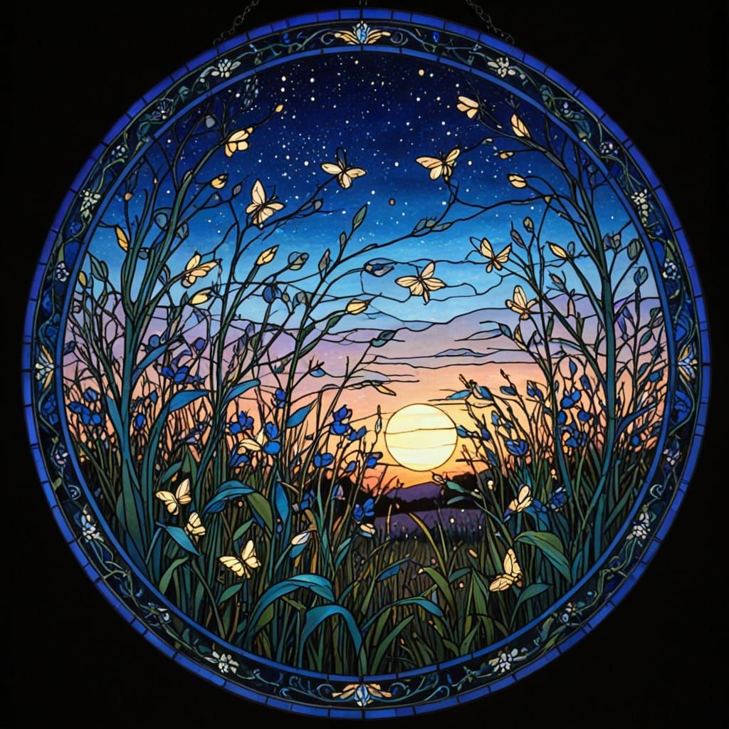 Art Nouveau Firefly Dance in Twilight Meadow