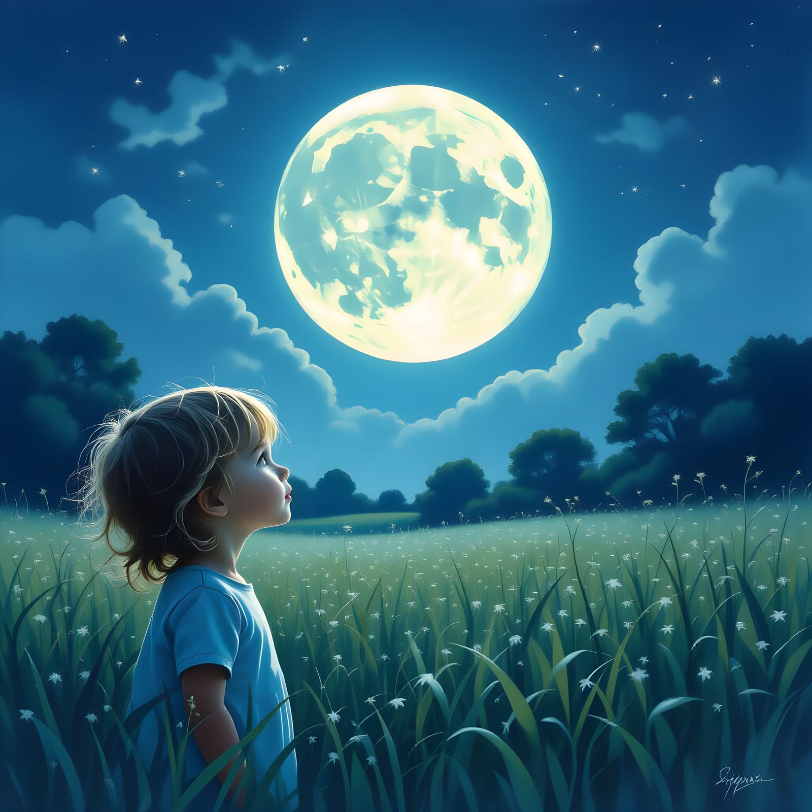 Child Gazes at Full Moon Over Field