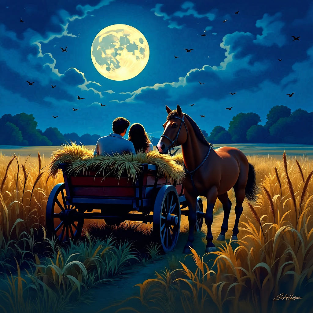 Romantic Hayride Under Harvest Moon: Dark Fantasy Art