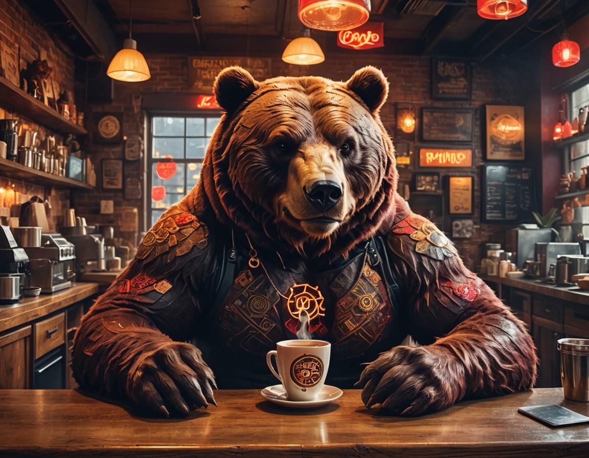 Mystical Bear in Coffee Shop, Digital Matte Painting