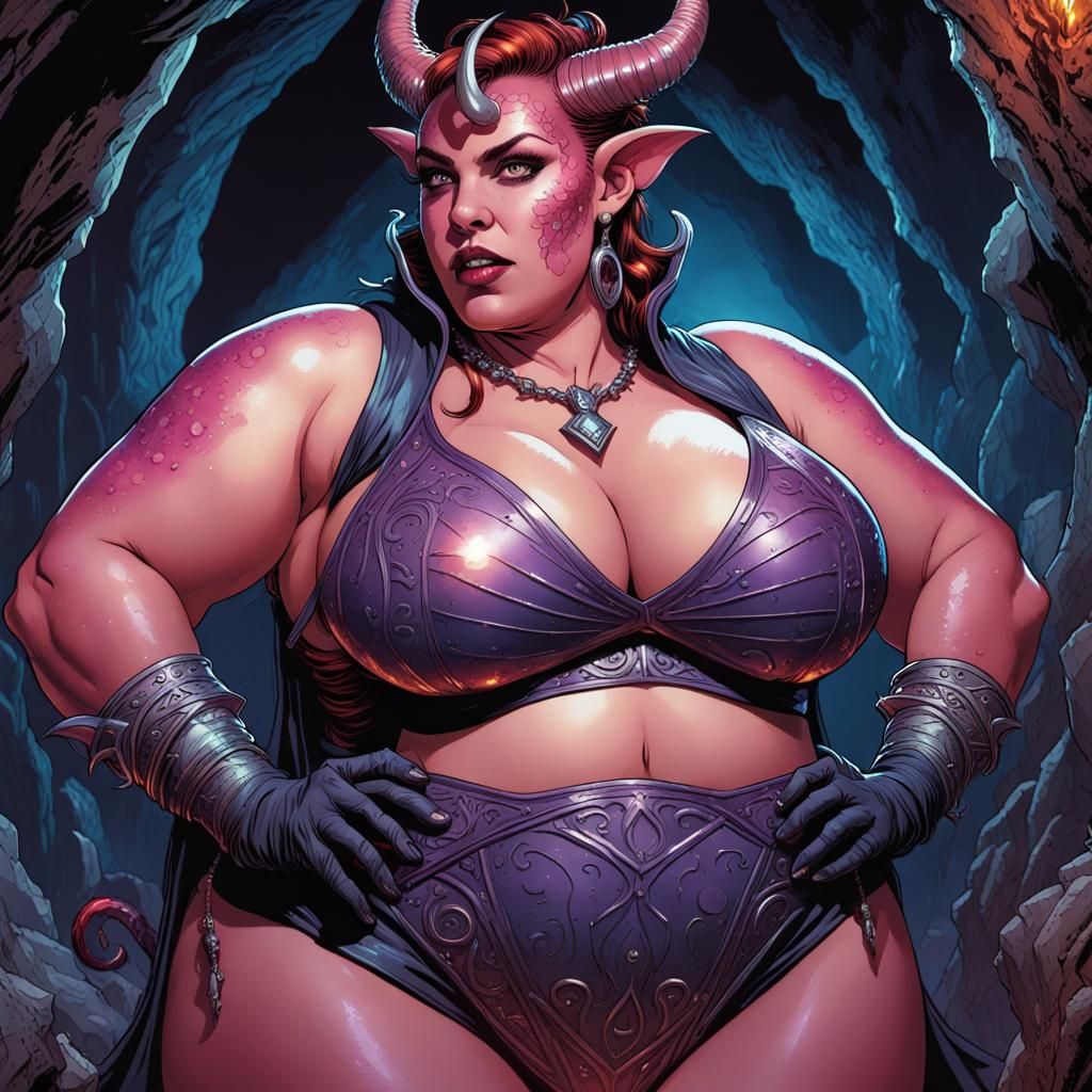 Excited Tiefling Sorceress in Crystalline Cave