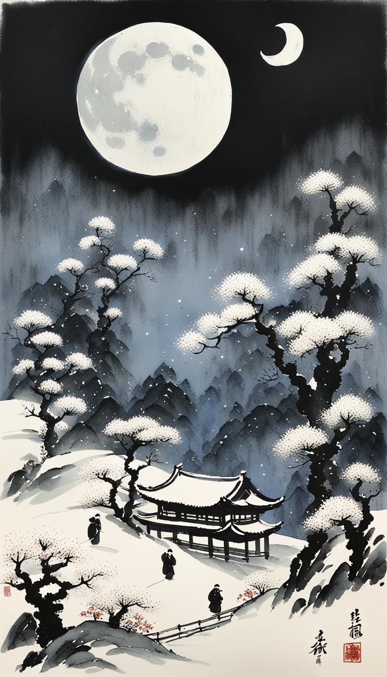 Chinese Ink Painting: Wind, Flowers, Snow, Moon