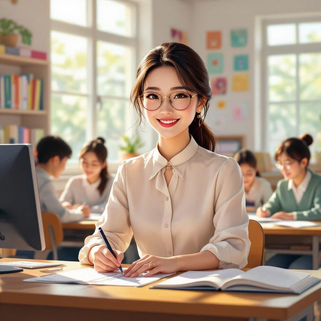 Smiling Teacher in Classroom: Artistic Illustration