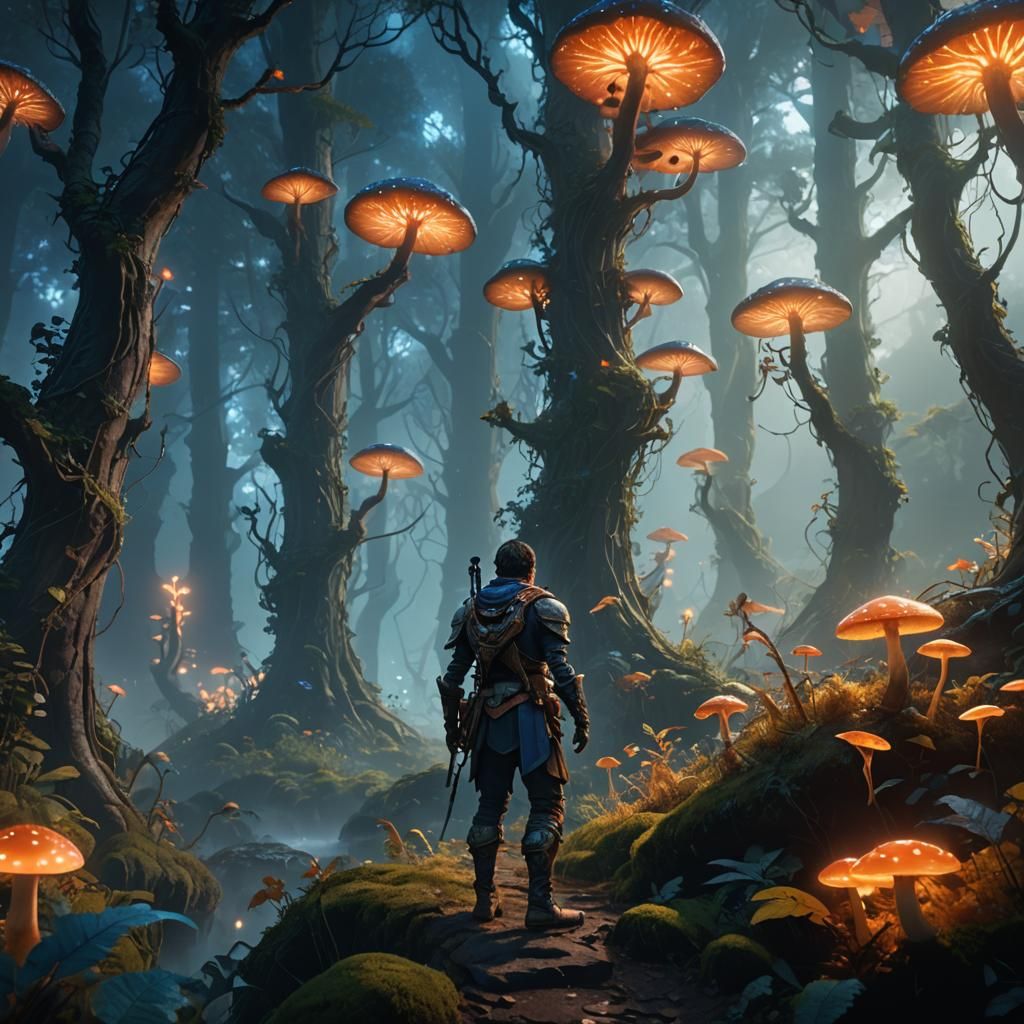 Adventurer at Mystical Forest Edge in Fantasy Style