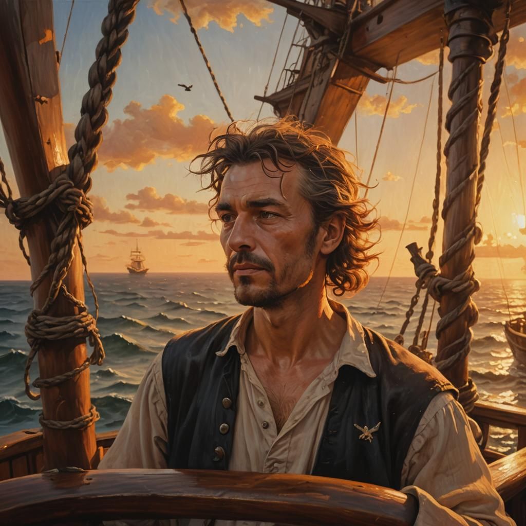 Pirate Ship Lookout in Golden Hour: Oil Painting