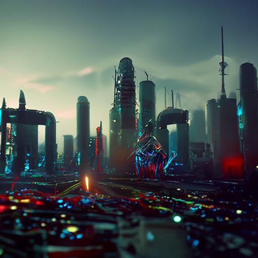Sci-fi futuristic city in war against evil robots Beeple, Vincent di Fate, Nicolas Bouvier and Juan Pablo Roldans concep...